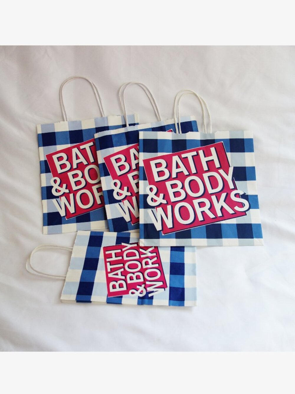 Bath & Body Works 4 Classic style Blue Pink Gingham shopping bags (M-S) NEW